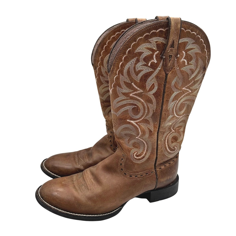 Ariat Round Up R-Toe Distressed Leather Cowboy Boots Baroque Stitch Cowgirl 9B